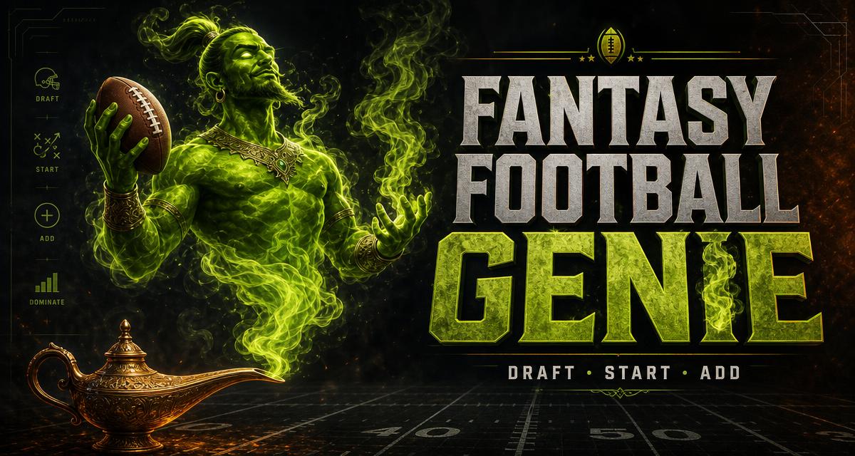 Fantasy Football Genie rising from a lamp holding an American football